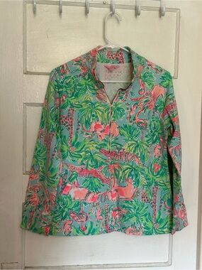 Lilly Pulitzer Aqua Pink Green Tropical Animal Print Pullover
